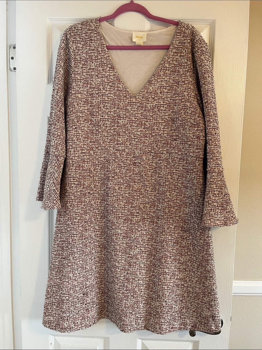 Maeve Mauve and Cream V-Neck Textured Knit Long-Sleeve Dress